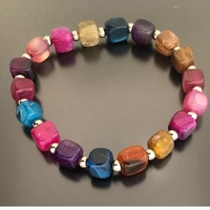 Multi Color Agate Bracelet, Cube Beads, Stretchable Bracelet
